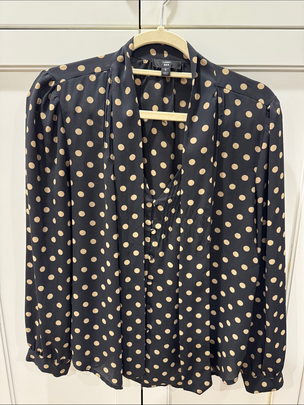 J. Crew Black Blouse with Beige Polka Dots